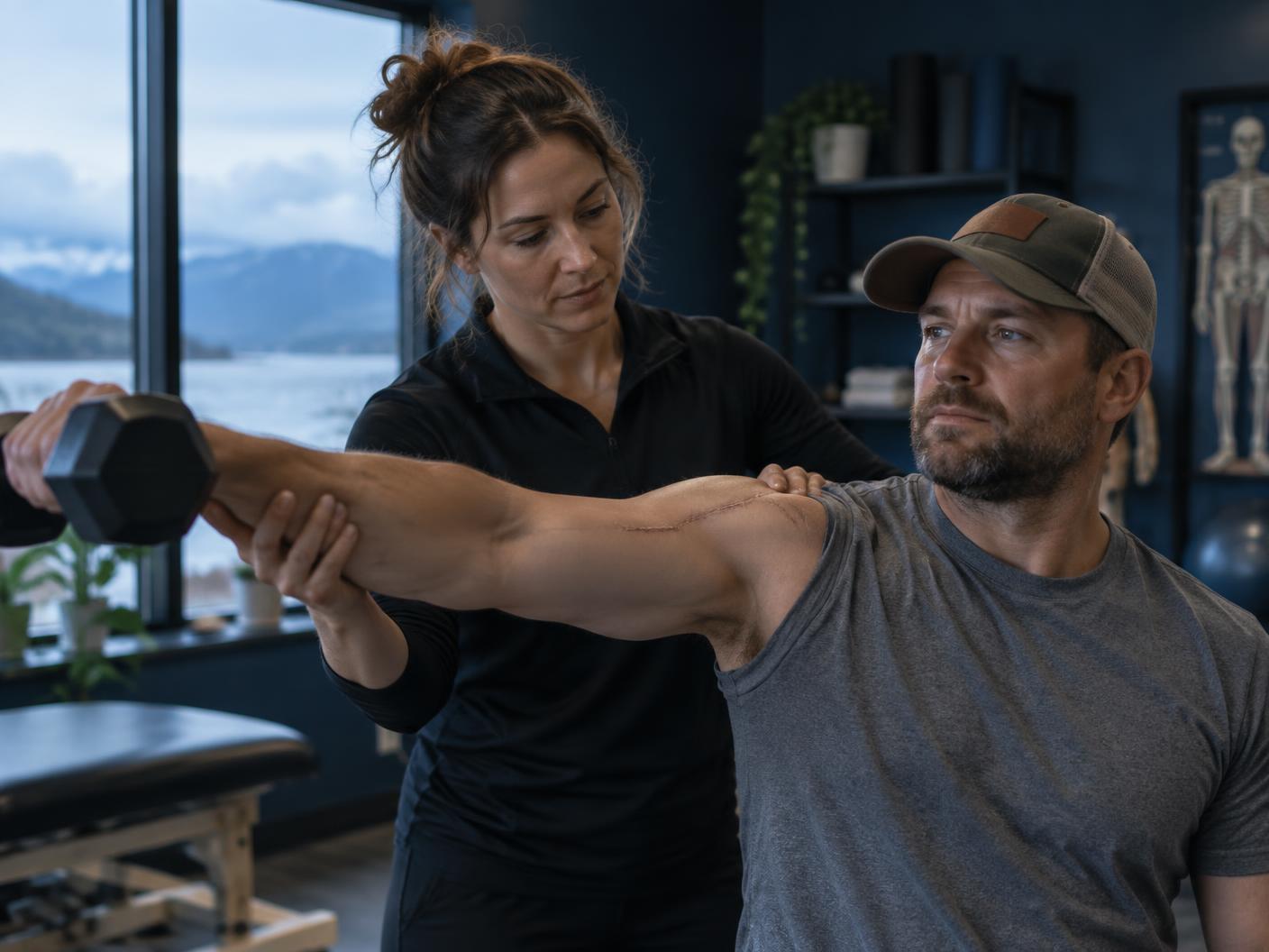 Therapist guiding shoulder rehabilitation after surgery
